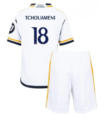 Real Madrid Aurelien Tchouameni #18 Primera Equipación Niños 2023-24 Manga Corta (+ Pantalones cortos)